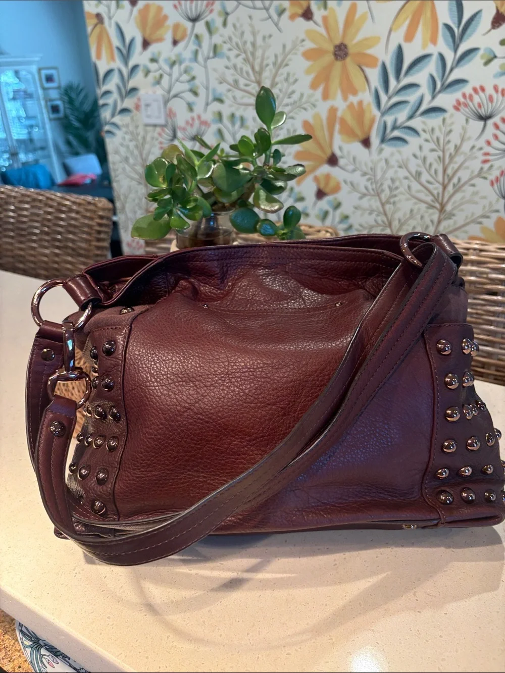 Makowsky Rose-Gold Studded Brown Leather Crossbody Hobo Bag